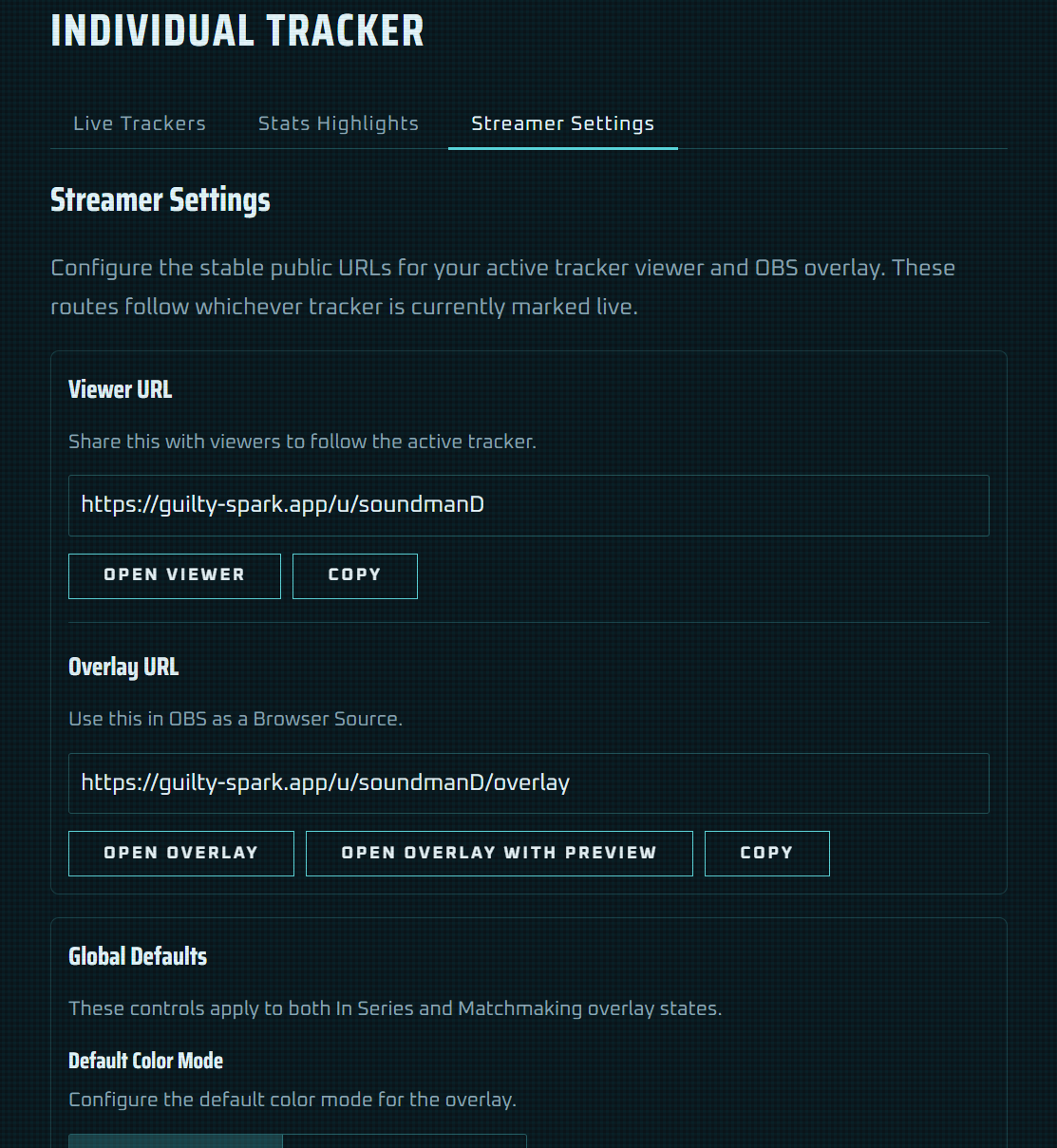 Individual Tracker Streamer Settings