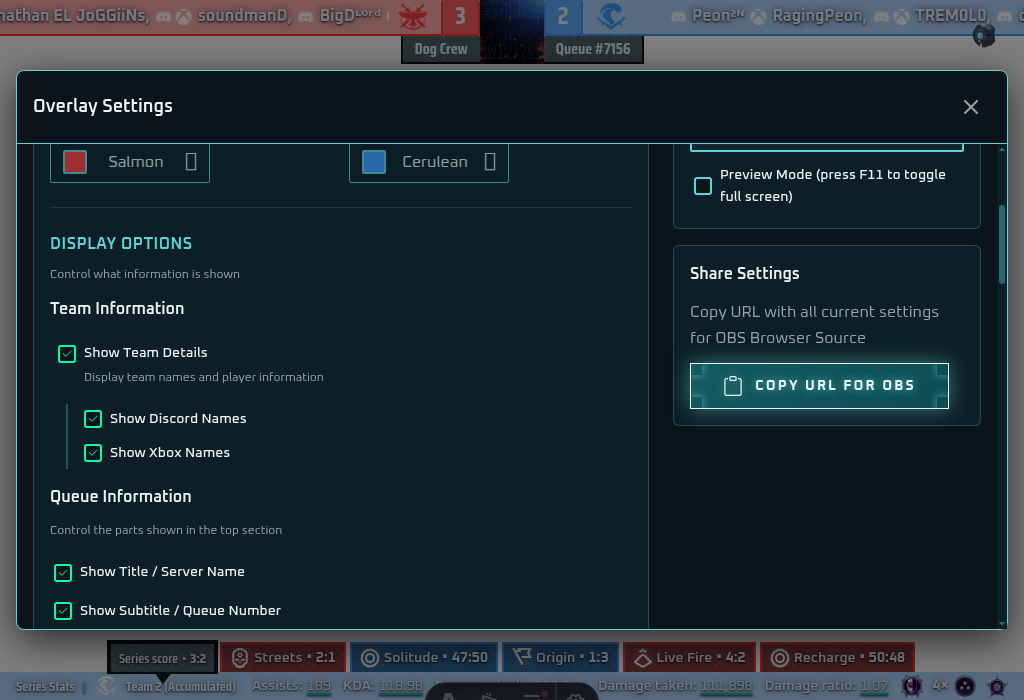 Overlay settings showing Copy URL for OBS in streamer mode
